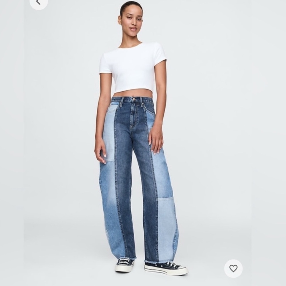 GAP Women's Barrel High Rise Two-Tone Patchwork Blue Jeans